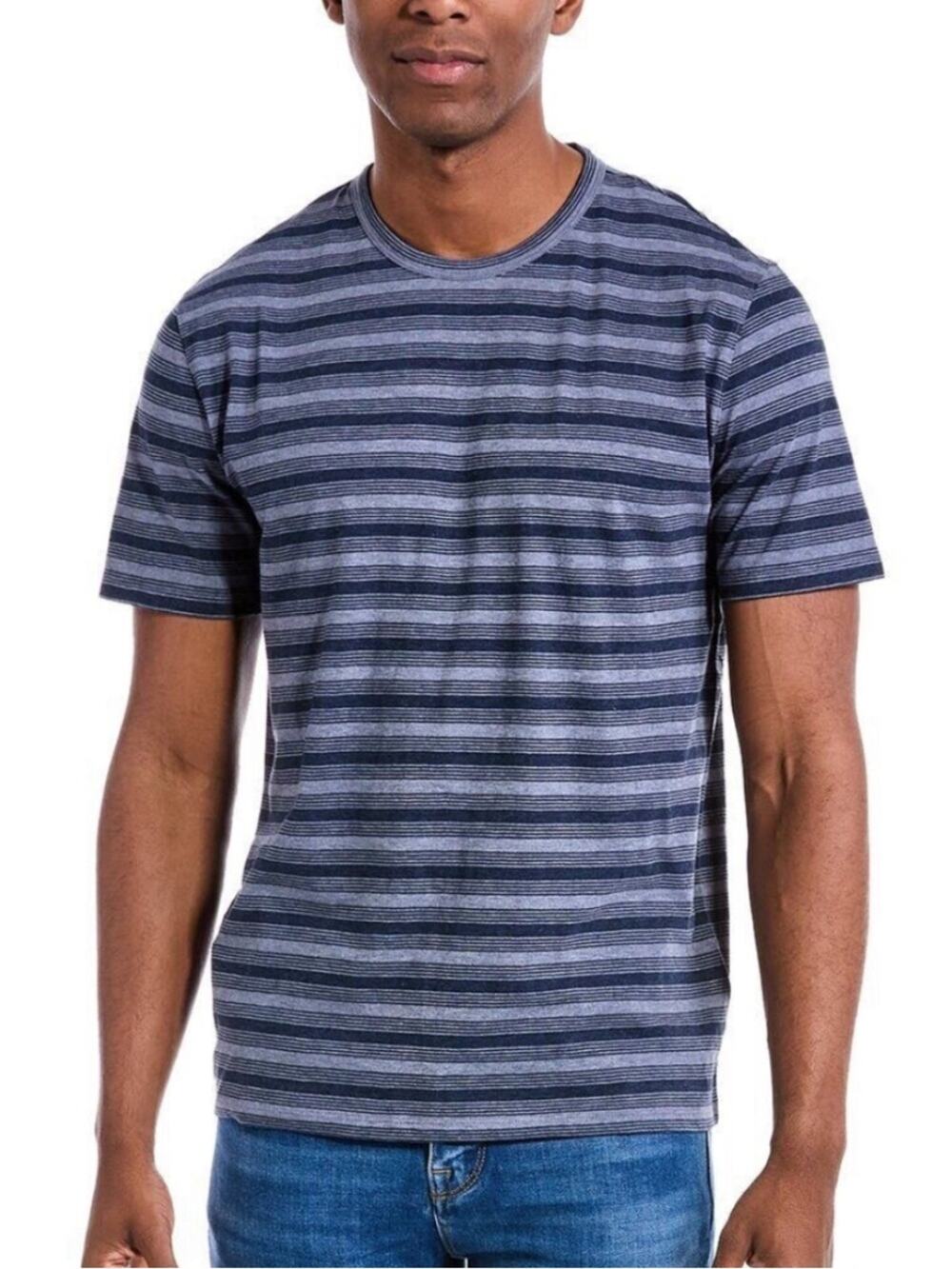 Vince Men's Navy and Gray Horizontal Stripe Short Sleeve Tee Size L